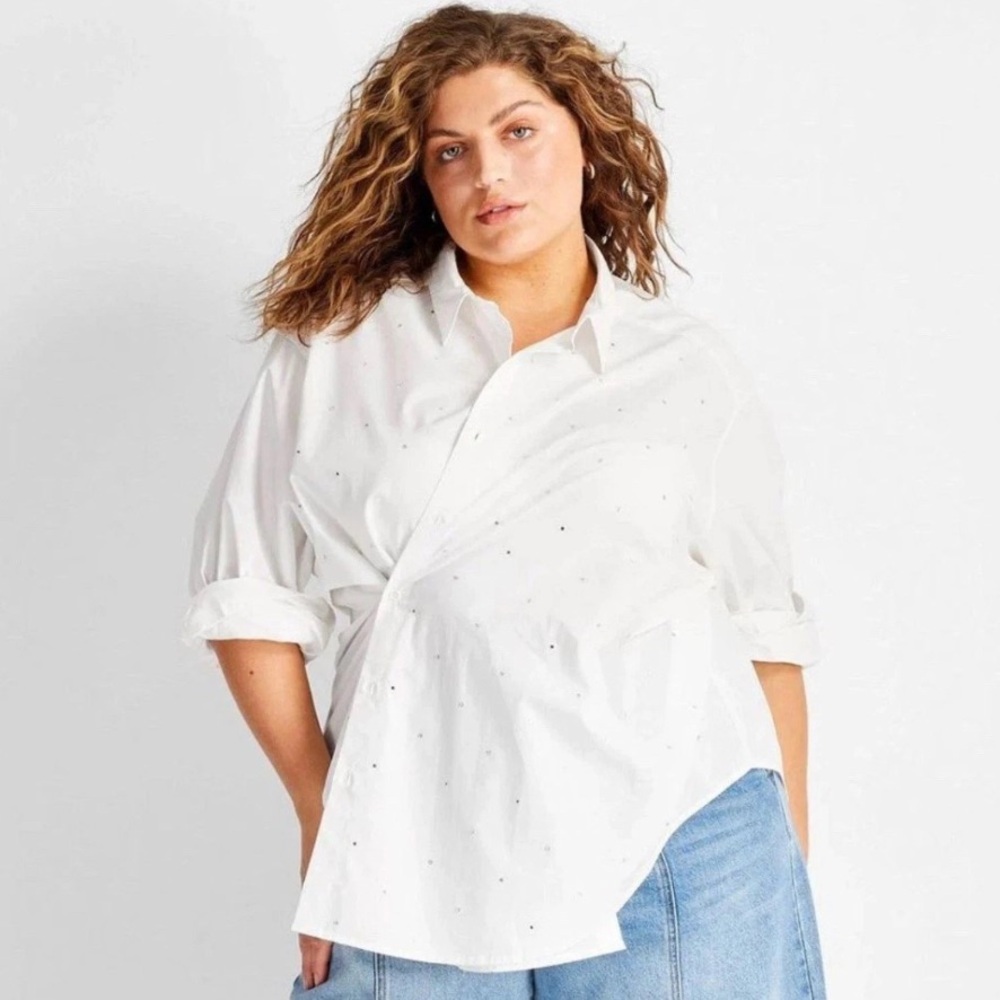 Collared Embellished Button Shirt 2X White Rhinestone Career Classic Glam
